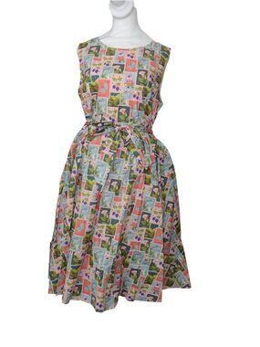 Tulip B Vintage inspired Floral Stamp pattern A-Line Dress sleeveless Cotton NEW